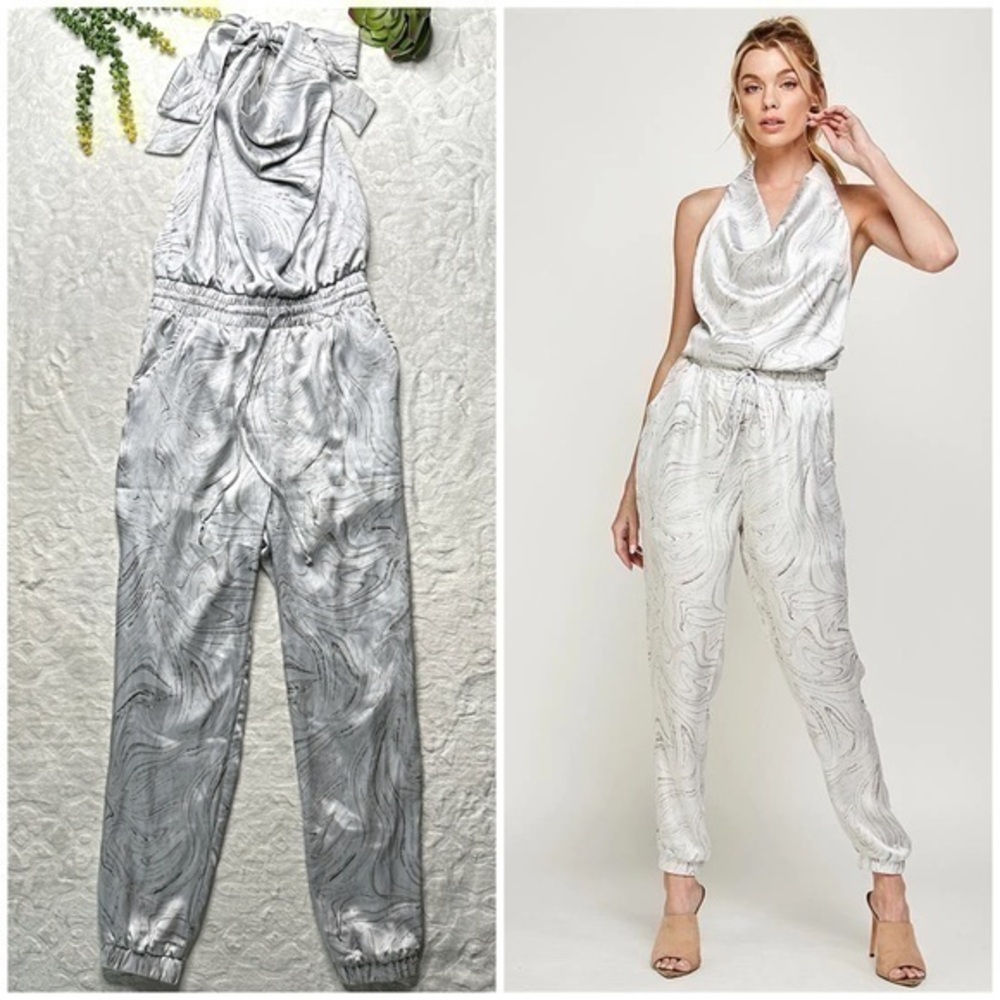 Caramela Marble Print Satin Halter Top Jumpsuit in White and Gray Womens Small